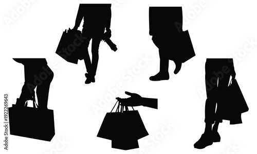 Lower body silhouettes of shoppers carrying paper bags in various positions showing legs and hands holding packages for retail marketing concepts and advertisement design elements