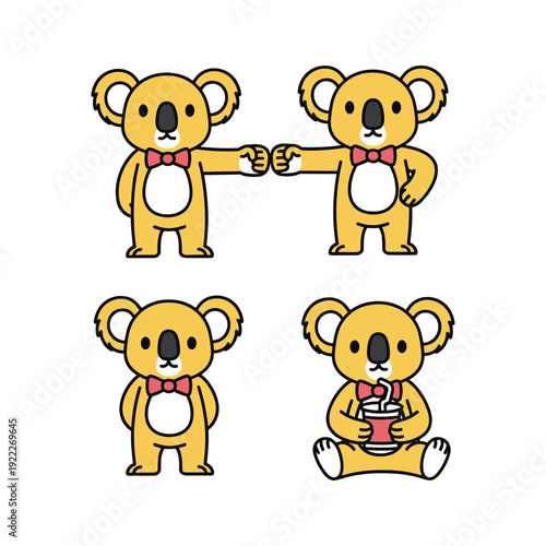 Canvas Print Cute cartoon koalas with bow ties in various poses on white background
