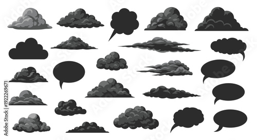 Set of dark cloud silhouettes and speech bubble shapes in various sizes for weather forecasting or graphic design projects.