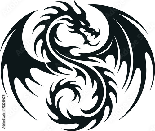 Black tribal winged dragon circular vector illustration, fierce mythical creature tattoo emblem, abstract fantasy design isolated on white background