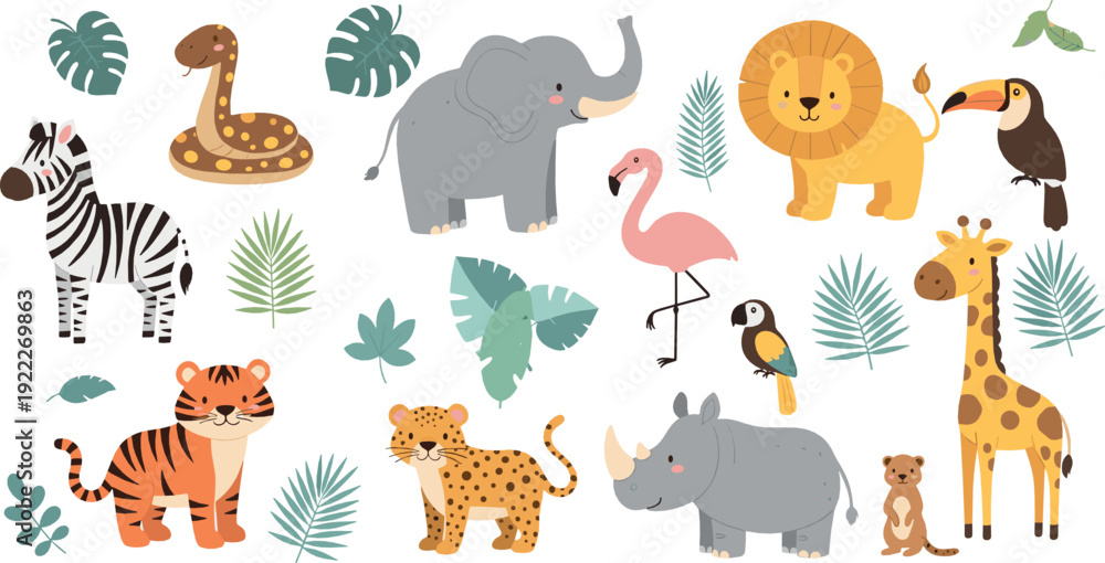 Obraz premium Cute safari animals cartoon set with lion elephant giraffe zebra tiger and tropical leaves playful vector illustration for kids nursery and wildlife designs