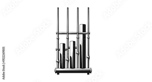 Detailed illustration of a scientific instrument with multiple tubes and supports, metallic design.