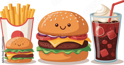 Cartoon vector illustration of fast food meal with smiling hamburgers, French fries, soda glass, playful anthropomorphic design, children’s snack concept set