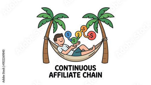 Relaxed Man in Hammock with Continuous Affiliate Chain Income Concept
