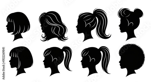 Silhouettes of various hairstyles showcasing different hair lengths and styles for women.