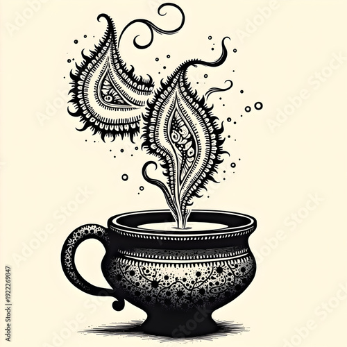 Whimsical Brew: A steaming cup of coffee or tea emanates fantastical, artistic designs, showcasing a playful blend of beverage and imagination.