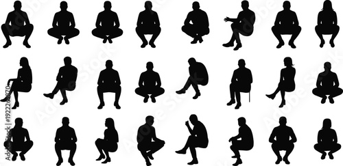 Black silhouette vector illustration of diverse human figures seated and squatting, body language poses, ergonomic study template, animation reference design, character posture concept