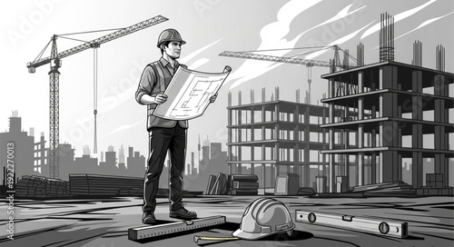 Construction worker reviewing blueprints at a building site, overseeing progress and planning.