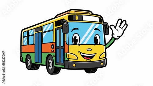 Friendly cartoon bus character waving its hand with a smile.