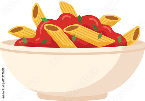 Flat vector illustration of penne pasta bowl with tomato sauce and basil garnish, Italian cuisine, traditional food, dinner meal design