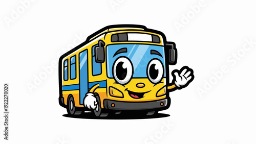 Cartoon yellow school bus with friendly face waving hand.