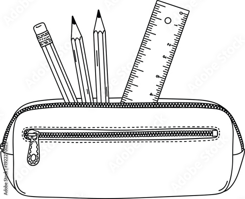 Flat vector illustration of pencil case with ruler and pencils, school stationery supplies, educational tools, office organization, writing instruments