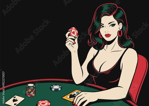 Beautiful Woman Sitting Holding Chips, With Playing Cards On The Table Illustration Creative Design Template Background Vector