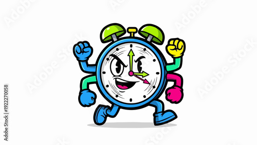Cartoon clock character running with angry face and arms.