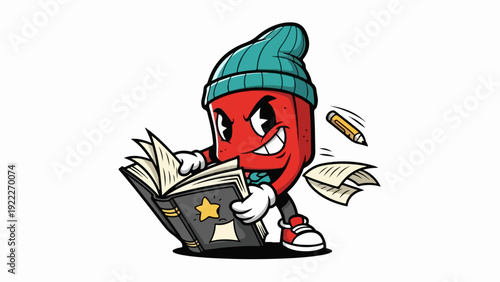 Cartoon character reading a book with a beanie and sneakers.