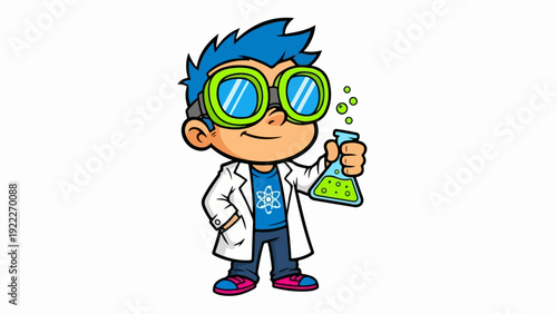 Cartoon boy scientist character holding a chemical flask.