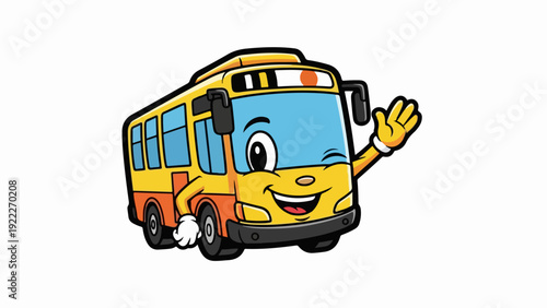 Happy yellow cartoon bus character waving its hand.