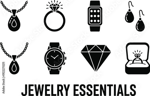 Flat vector illustration of jewelry essentials silhouettes, diamond rings, necklaces, earrings, watches, gemstone, ring box, fashion accessory designs