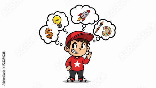 Cartoon boy in red hoodie thinking about future ideas and career choices.