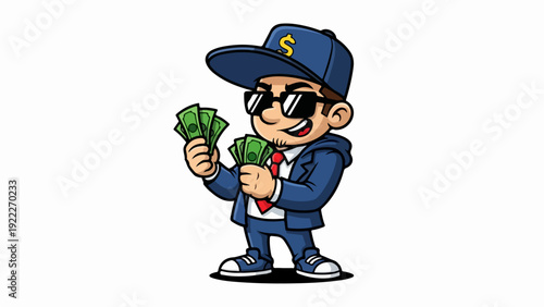 Wealthy cartoon character holding money and wearing sunglasses and a hat.