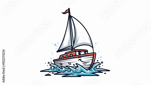 Cartoon sailboat sailing on blue ocean waves illustration.
