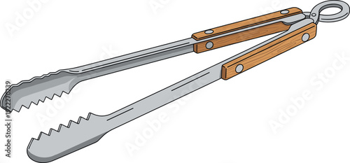 Flat vector illustration of kitchen tongs with wooden handles, metal serrated ends, grilling tool, cooking utensil, culinary design, decorative art