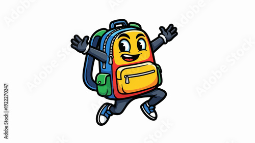 Cheerful cartoon backpack mascot jumping with excitement.