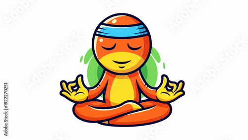 Cute orange cartoon frog character meditating peacefully.