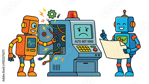 Robot technicians performing maintenance on a faulty industrial automation system, vector illustration