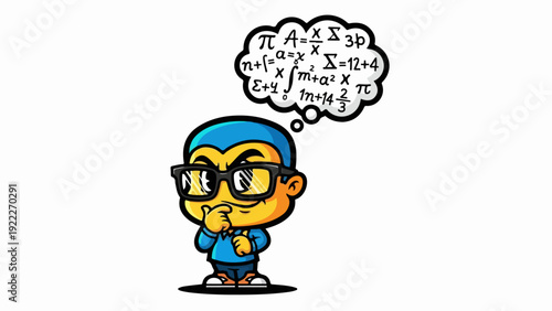 Smart boy with glasses thinking about complex mathematical equations.