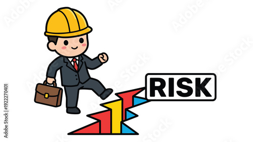 Businessman in hard hat stepping towards 'RISK' sign, navigating business challenges & safety