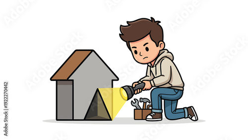 Young man inspecting house structure with flashlight and toolbox, searching for problems or doing home maintenance.