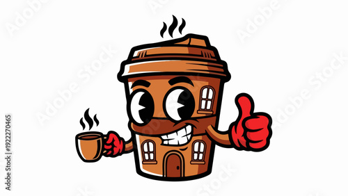 Cheerful Coffee Cup House Mascot Giving Thumbs Up.