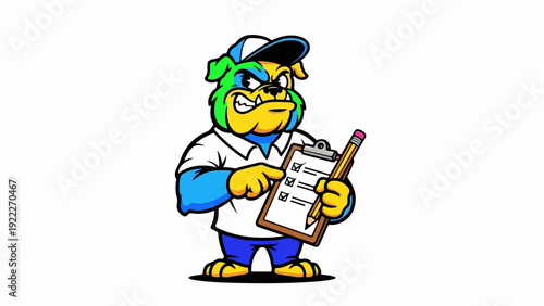 Tough cartoon bulldog coach mascot holding a clipboard.