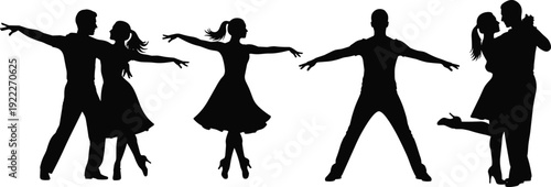 Ballroom dancing couple silhouettes set, man and woman performing romantic partner dance vector illustration isolated collection