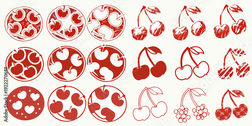 Vintage style red cherry and apple illustrations arranged in rows