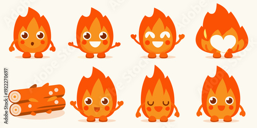 Adorable cartoon flames with happy expressions and a burning log