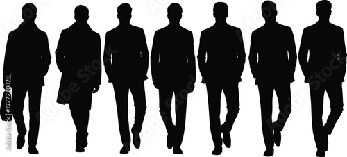 Business men silhouette set, confident male professionals walking in formal suits vector illustration isolated on white