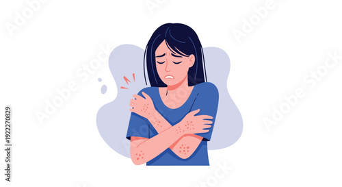 Sad young woman scratching her shoulder with red skin rash representing allergy symptoms dermatological problems and itching.