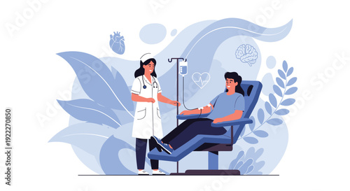 Nurse in a white uniform attending a patient during a blood donation or medical IV drip procedure in a clinical setting.