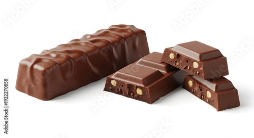A delicious chocolate bar with pieces cut off to reveal the nutty interior