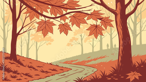 Gemini said

A bright nature wallpaper design featuring a frame of orange and yellow maple leaves on autumn trees within a seasonal forest and park landscape illustration