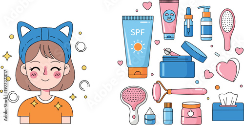 Cute skincare and self care illustration with girl cosmetic products sunscreen serum and beauty tools pastel flat vector design for wellness and lifestyle projects