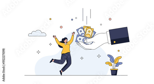 Joyful woman leaping with excitement as a giant hand drops money bills representing financial success winning and wealth.