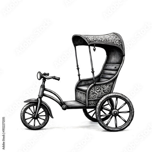Vintage Rickshaw Illustration: An intricately detailed illustration of a vintage rickshaw, capturing the charm of a bygone era.