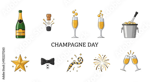 Cartoon icons related to champagne including a bottle glasses cork and party accessories