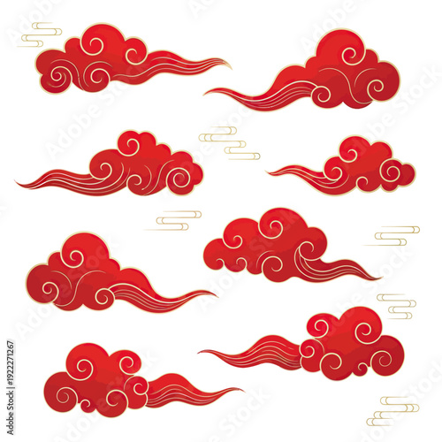 Vector Pattern Traditional Cloud Motif in Elegant Red and Gold Colors with Symmetrical Curved Shapes in Organic Style for Cultural Design