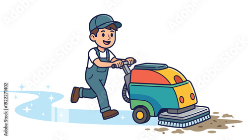 Smiling Professional Cleaner Operating Floor Scrubber Machine, Cleaning Service Cartoon Illustration