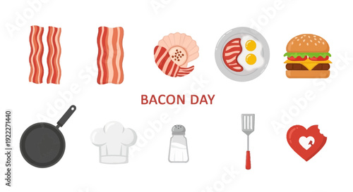 Flat illustration of bacon food cooking tools and heart graphic for BACON DAY
