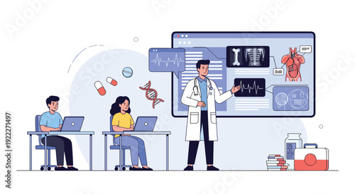 Medical teacher in a lab coat giving an online lecture or webinar about human anatomy to students on laptops.